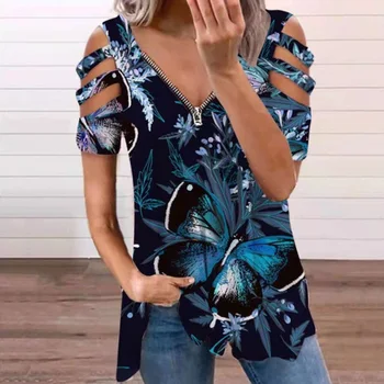 Borboleta de Impressão de T-Shirt para as Mulheres Streetwear Moda Casual Oversize Solta Vneck Zíper Superior Tee 2021 Verão Roupa Nova Túnica