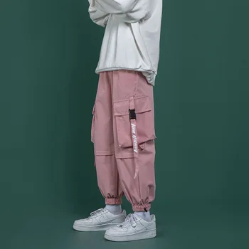 Homens Bolsos Laterais de Carga Calças de Harém De 2021 Fitas cor-de-Rosa Hip Hop Casual Masculino Corredores de Calças de Moda Casual Streetwear Calças 5XL