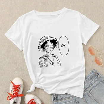 Um Pedaço de Luffy T-shirt das Mulheres Camisas Oversize Bonito um Caractere Impresso em Japonês de Anime T-Shirt Simplicidade camiseta Melhor