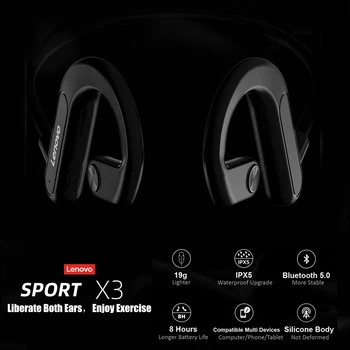 A Lenovo X3 Sem Fio Bluetooth5.0 Fone de ouvido de Condução Óssea Esporte Headset IPX5 Impermeável Decote com Microfone de Cancelamento de Ruído Earbud