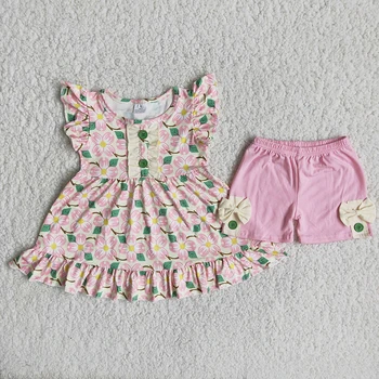 2021 Infantil Menina Bonito Floral Flutter Camisa De Manga Sólido Calças Curtas Moda Verão Bebê Roupa Por Atacado Boutique De Roupas