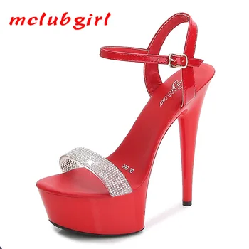 Mclubgirl Plus Size 43 Mulheres 15cm Super Salto Alto Sandálias Femininas de Verão de Sapatos de Senhoras Sexy Bombas de Pole Dance Shoes Mulheres LFD