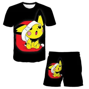 2021 Novo 3D Meninos Meninas rapazes raparigas de desenhos animados Pokemon t-shirt Meninos Anime harajuku T-Shirt Definir O Decote Roupa de Verão, Moda casual Crianças Tops