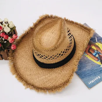01907-fcm146 verão artesanal de palha da costa oeste Americana Cowboy Luz respirar livremente matérias borda fedoras cap homens mulheres panamá jazz chapéu