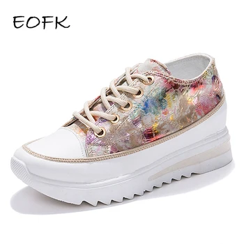 EOFK Tênis Mulheres Sapatos de Plataforma Primavera, Outono Patchwork Floral Moda Tênis aumento da Altura Flats Senhoras chaussure