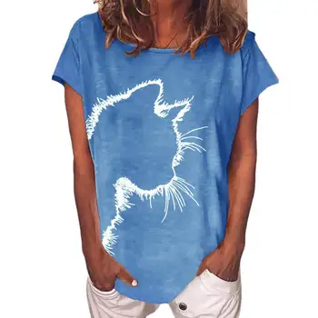 2021 Verão T-shirt de Tamanho Mais Casual Gatos Cabeça de Impressão de Manga Curta Moda Pulôver Mulheres O Pescoço Solto Tops Tee