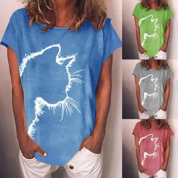 2021 Verão T-shirt de Tamanho Mais Casual Gatos Cabeça de Impressão de Manga Curta Moda Pulôver Mulheres O Pescoço Solto Tops Tee
