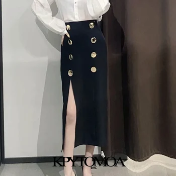 Moda Com Abotoado Na Frente De Fenda Midi Saia Lápis Mulheres Do Vintage Cintura Alta Volta Zíper Feminino Saias Mujer