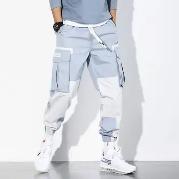 Calças Cargo Homem Mid-rise Patchwork Calças Cargo com Bolsos Homens do Harajuku Fashion Azul Carga Mens de Calças de Hip Hop Roupas