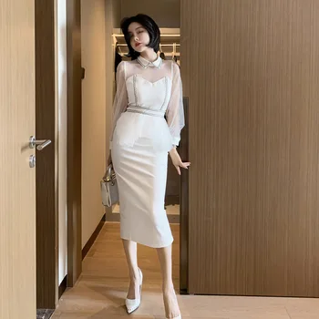 2021 Mulher Sexy Malha com Costura Saco de Braço Magro Temperamento Pequena Vestido de Cintura Alta Lanterna Mangas
