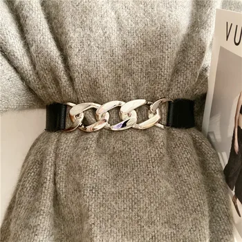 Marca de luxo Mulheres Metal Espartilho Cintos de Elasticidade Grande de Couro de Wasit Correia Cadeia de correspondência Casaco Casual Feminino Designer Cintura