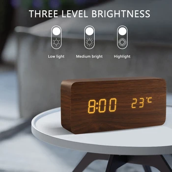 Relógio despertador LED de Madeira do Relógio Tabela de Controle de Voz Digital de Madeira Despertador USB/AAA Eletrônico Alimentado Relógios da área de Trabalho