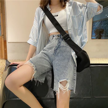 SURMIITRO 2021 Verão Azul Denim Shorts Mulheres Estilo coreano de Moda Rasgado Buraco Capris de Cintura Alta Jeans Feminino Calças Curtas