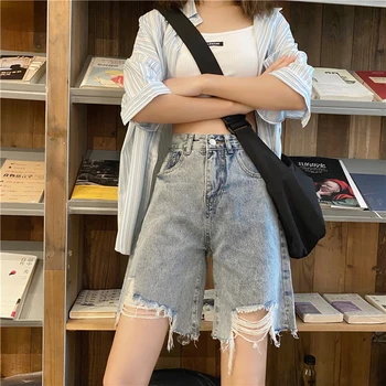 SURMIITRO 2021 Verão Azul Denim Shorts Mulheres Estilo coreano de Moda Rasgado Buraco Capris de Cintura Alta Jeans Feminino Calças Curtas