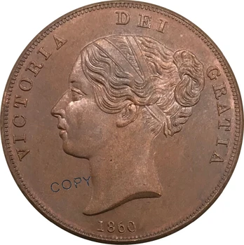 1860 Reino Unido 1 Um Centavo Victoria 1º retrato Vermelho Cobre colecionáveis Cópia da Moeda
