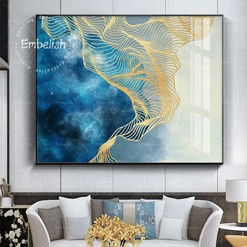 Embelish Resumo o Ouro E a Cor Azul Nórdicos HD Spray Sobre Tela, Pinturas Para a Sala de Obras de arte de Decoração de Casa de Parede Imagens