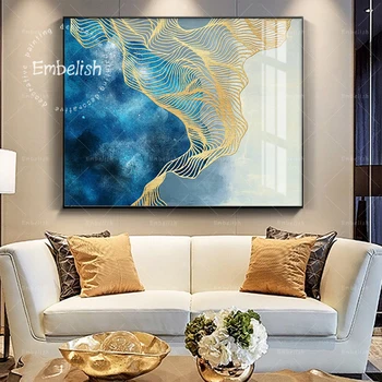 Embelish Resumo o Ouro E a Cor Azul Nórdicos HD Spray Sobre Tela, Pinturas Para a Sala de Obras de arte de Decoração de Casa de Parede Imagens