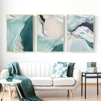 Nordic Abstrato Verde Mar, Rios, Montanhas Tela Pintura Da Arte De Impressão De Cartaz De Parede A Imagem Sala De Estar, Escritório De Decoração Simples