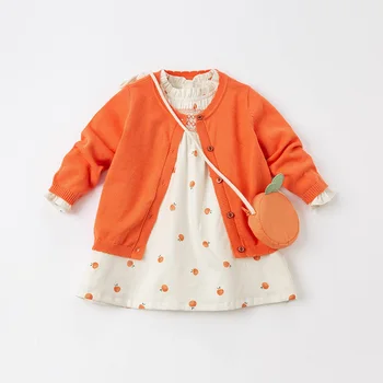 DBM16913 dave bella primavera baby girl moda fruto de impressão vestido com um pequeno saco de vestido de festa kids infantil lolita roupas 2pcs