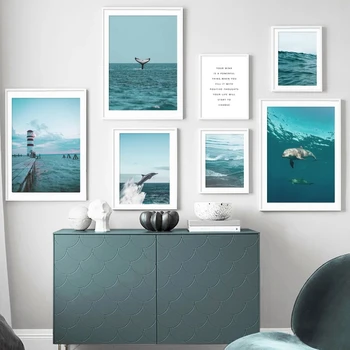 Nordic Oceano Azul Barco Farol Cartaz Seascape Arte de Parede Tela de Impressão de Parede a Imagem para a Sala de Decoração de Casa