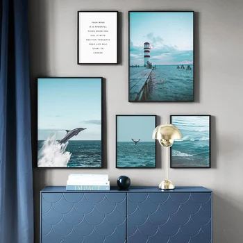 Nordic Oceano Azul Barco Farol Cartaz Seascape Arte de Parede Tela de Impressão de Parede a Imagem para a Sala de Decoração de Casa