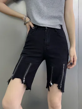 XUXI Mulheres negras Calças Jeans Verão 2021 Fina Cintura Alta Emagrecimento Irregular Matérias de Borda Reta Shorts Jeans Calças E2078