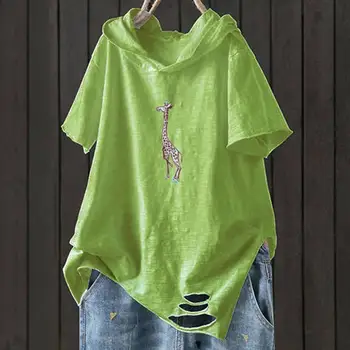 Mulheres de Verão T-shirt de Manga Curta com Capuz Rasgado Buraco Girafa Frouxo Capuz Blusa para a Vida Diária Femme Camiseta T Plus Size 2021