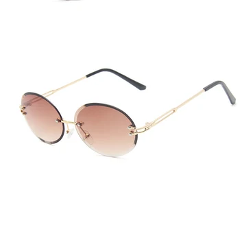 As mulheres de Óculos de sol Retro Metal Óculos de Sol sem moldura Oval UV400 Fêmea Marrom Legal Óculos Gradiente de Acrílico Lente de Óculos Óculos