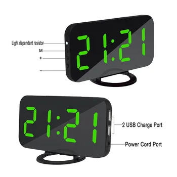 Relógio LED Espelho Relógio Digital Dimmable Noite o Modo de Relógio de Cabeceira de Saída USB 2 Portas Relógio de Mesa Digital de Relógio