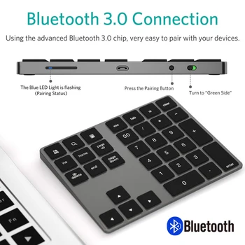 Teclado Bluetooth 2 em 1 USB 3.1 Gen 2 Recarregável sem Fio 34-Chave Teclado Numérico com USB3.0 Suporte HUB IOS/Android/Windows