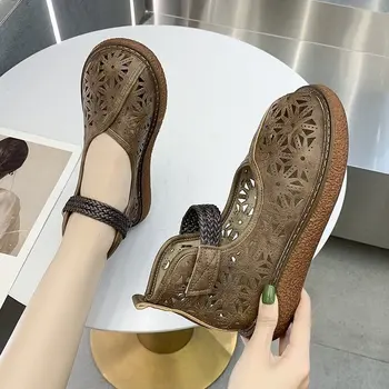 2021 primavera/verão nova retro estilo étnico oco, frio, botas de mulheres ankle boots com pouca boca curativo chunky sola sandálias