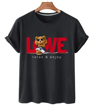 Moda urso T-shirt elegante e casual, o grande tamanho dos desenhos animados de AMOR urso de manga curta T-shirt para homens e mulheres tops popular do logotipo INS