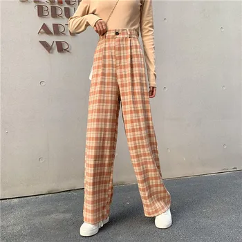 DASSWEI Moda 2021 Verão Xadrez Impresso em linha Reta Calças Para as Mulheres Casual Solta Calças compridas Femme Streetwear Plus Size S-4XL