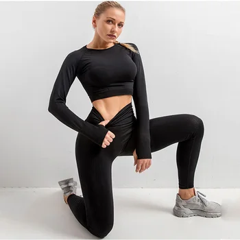 2Pcs/set Mulheres Conjunto de Yoga Uniforme de Treino Sportswear Ginásio de Roupas de Fitness de Manga Longa Crop Top de Cintura Alta, Calças de Desporto Ternos