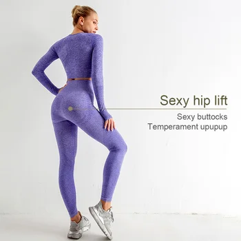 2Pcs/set Mulheres Conjunto de Yoga Uniforme de Treino Sportswear Ginásio de Roupas de Fitness de Manga Longa Crop Top de Cintura Alta, Calças de Desporto Ternos