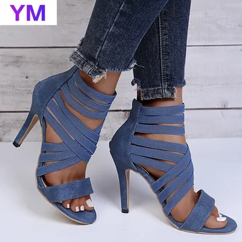 Ocos 2021 Sexy Mulas Sapatos Mulheres Sandálias Das Mulheres De Verão Salto Alto Dedo Do Pé Redondo Slides Sapatos De Senhoras De Preto Azul De Volta Zipper Novo