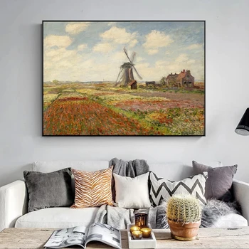 Monet Moinho de vento e tulipas Reproduções de Pinturas Na Parede Paisagem Impressionista de Decoração de Casa de Arte da Lona Imagens Cuadros