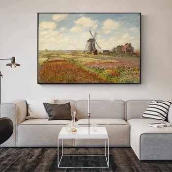 Monet Moinho de vento e tulipas Reproduções de Pinturas Na Parede Paisagem Impressionista de Decoração de Casa de Arte da Lona Imagens Cuadros