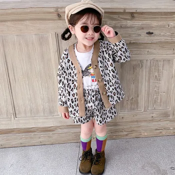 Meninas 2020 Primavera e no Outono, Moda de Nova Bonito coreano Moda de Duas peças para Crianças Leopard Terno