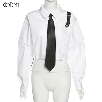KLALIEN moda simples estilo de colégio sólido algodão mulher branca, camisa de manga longa, gravata solta doce bonito camisa mulheres 2020 novo