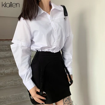 KLALIEN moda simples estilo de colégio sólido algodão mulher branca, camisa de manga longa, gravata solta doce bonito camisa mulheres 2020 novo