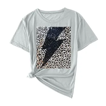 2021 mais Recentes Popular femme Camiseta de Moda Casual Mulheres de Manga Curta relâmpago estampa de Leopardo O-Pescoço Tops Senhoras T-Shirt de Verão