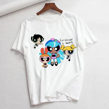 Kawaii Mulheres T-shirt Superpoderosas Polícia Engraçado dos desenhos animados de Meninas Impressão Harajuku Verão Casual Manga Curta Streetwear Tê Fêmea Tops
