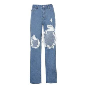Ripped Jeans Mulheres de Cintura Alta Solta calças de Brim das Mulheres Calças de Hip Hop Vintage Feminino Rasgado 2021 Nova Mulher Hetero-leg Jeans