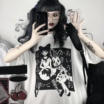 Mulheres Harajuku T-Shirt Estética Gótica, Punk Cartoon Imprimir Camiseta De Manga Curta O-Tops Com Decote Verão Solto De Grandes Dimensões Roupas De Rua