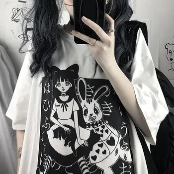 Mulheres Harajuku T-Shirt Estética Gótica, Punk Cartoon Imprimir Camiseta De Manga Curta O-Tops Com Decote Verão Solto De Grandes Dimensões Roupas De Rua