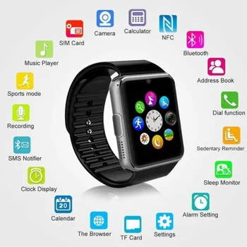 GT08 Bluetooth Smart Watch Tela de Toque Grande Bateria de Apoio TF Cartão Sim Câmera Para iPhone, Android Smartwatch PK DZ09 Assistir