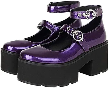 2021 Novo Cinto De Fivela De Coração Gothic Lolita Sapatos Para As Mulheres Patente De Couro Preto Plataforma Chunky Calcanhar Mulheres Bombas Japonês Harajuku