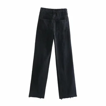 TRÁFICO de Mulheres 2021 Moda Rasgado Buraco Wide Leg Jeans Vintage Cintura Alta com Zíper Voar Feminino Calças de Streetwear