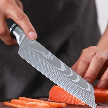 Damasco Laser Faca de Cozinha de 8 polegadas Professional Chef Japonês Facas de Aço Inoxidável Faca Full Tang Meat Cleaver Segmentação de dados